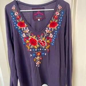 Johnny Was Cotton, Plum, Long Sleeve Top with Dropped Length at hips.